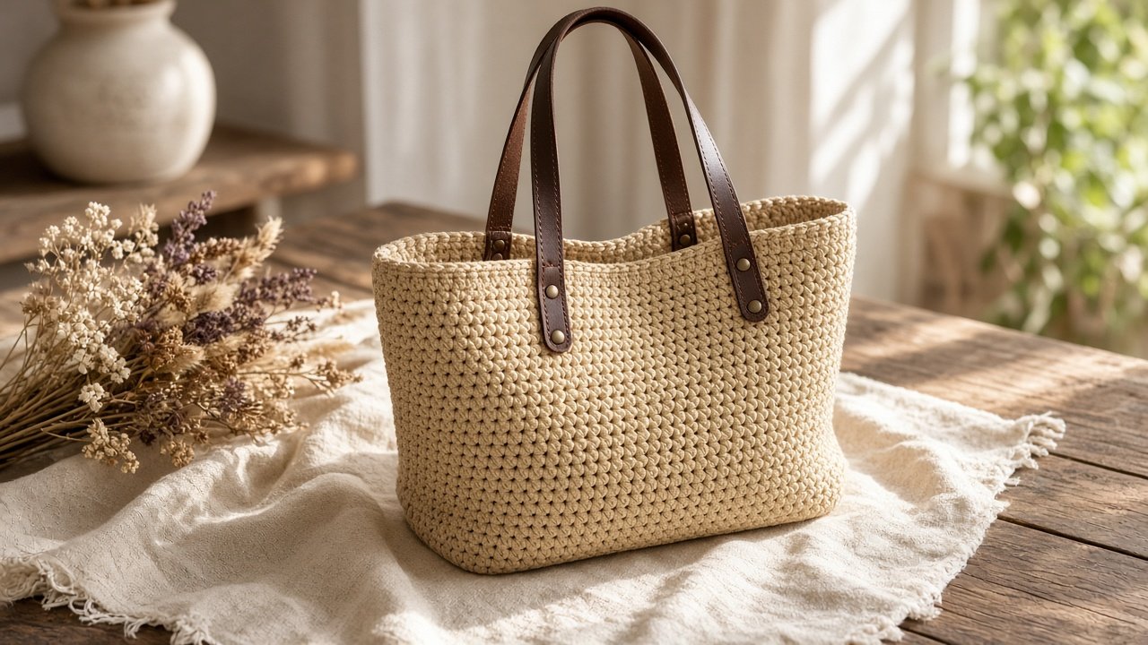 Crochet tote with leather straps